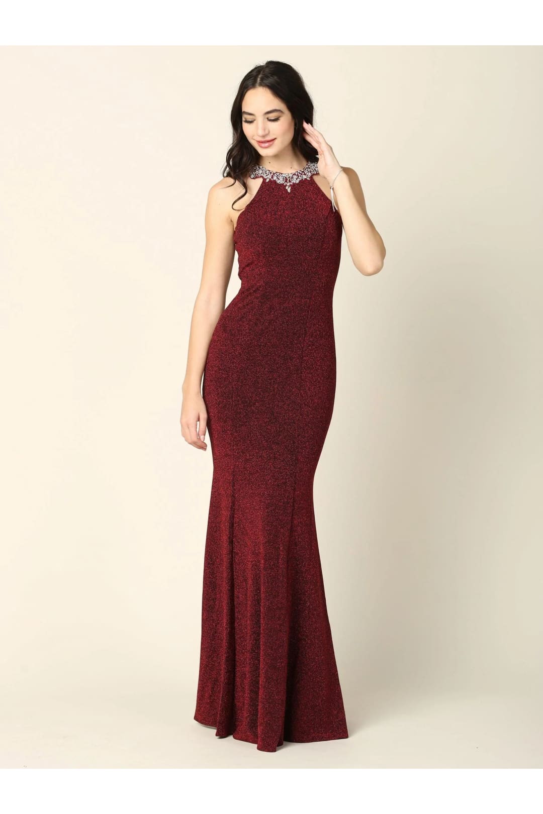 Eva USA 3396 Long Fitted Halter Metallic Prom Dress - Prom Long Dress