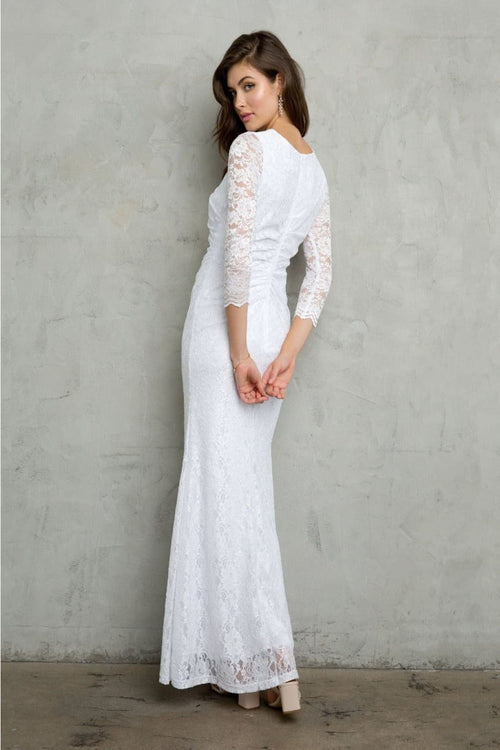 Eva USA 3397B Ruched 3/4 Sleeve White Wedding Dress - WHITE / S - Dress