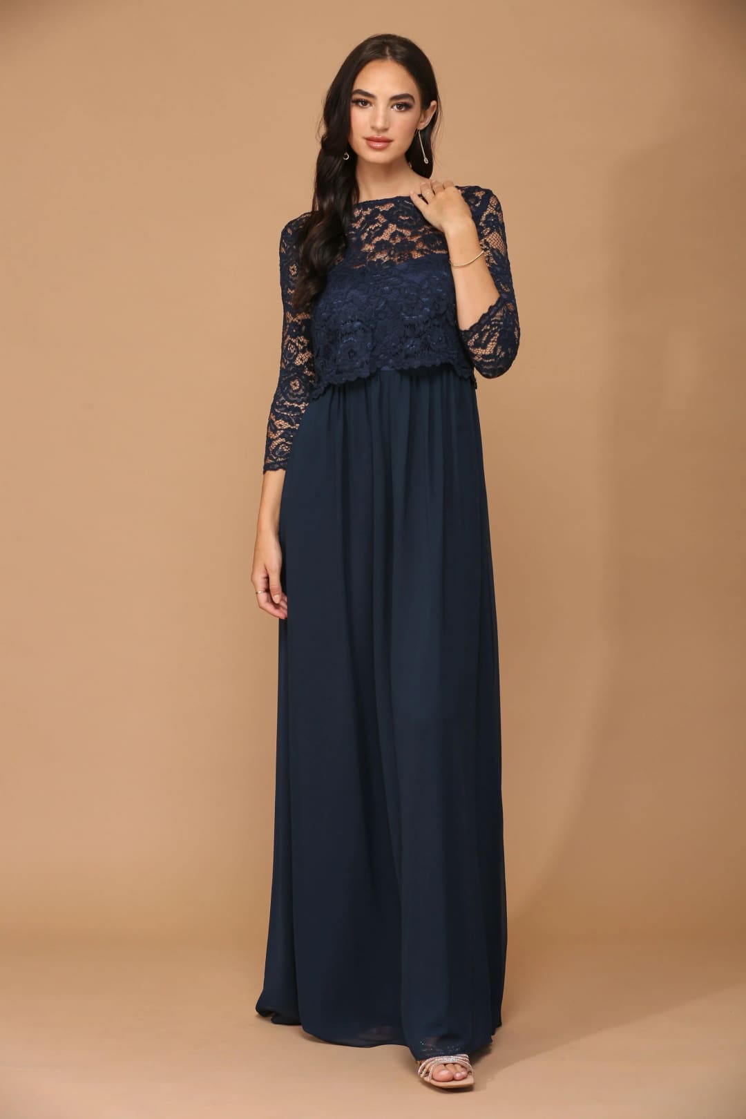 Eva USA 3399 Long 3/4 Sleeve Mother of the Bride Chiffon Dress - Mother of the Bride Dress