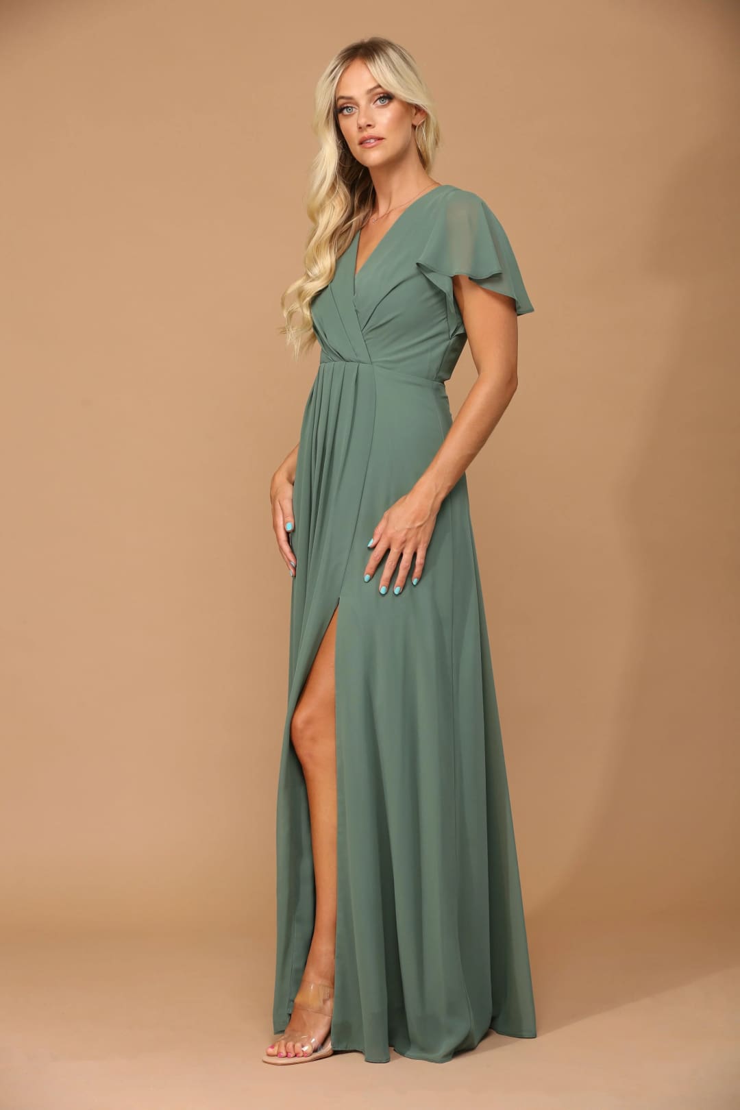 Eva USA 3413 Long Short Sleeve Mother of the Bride Chiffon Dress - Mother of the Bride Dress
