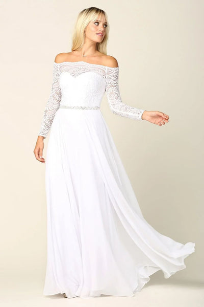 Eva USA 3414 Long Off Shoulder Lace Chiffon Wedding Dress - Wedding Dress