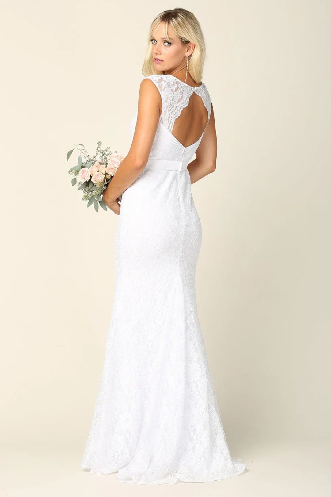 Eva USA 3417 Simple Long Cap Sleeve Belted Lace Wedding Dress - Wedding Dress
