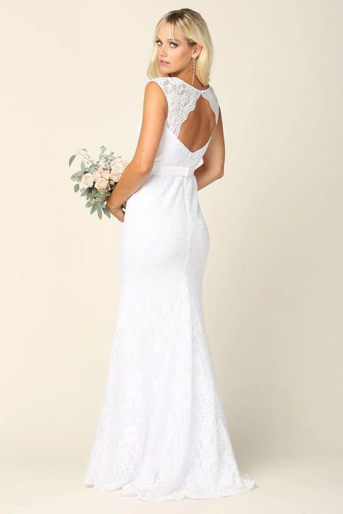 Eva USA 3417 Simple Long Cap Sleeve Belted Lace Wedding Dress - Wedding Dress