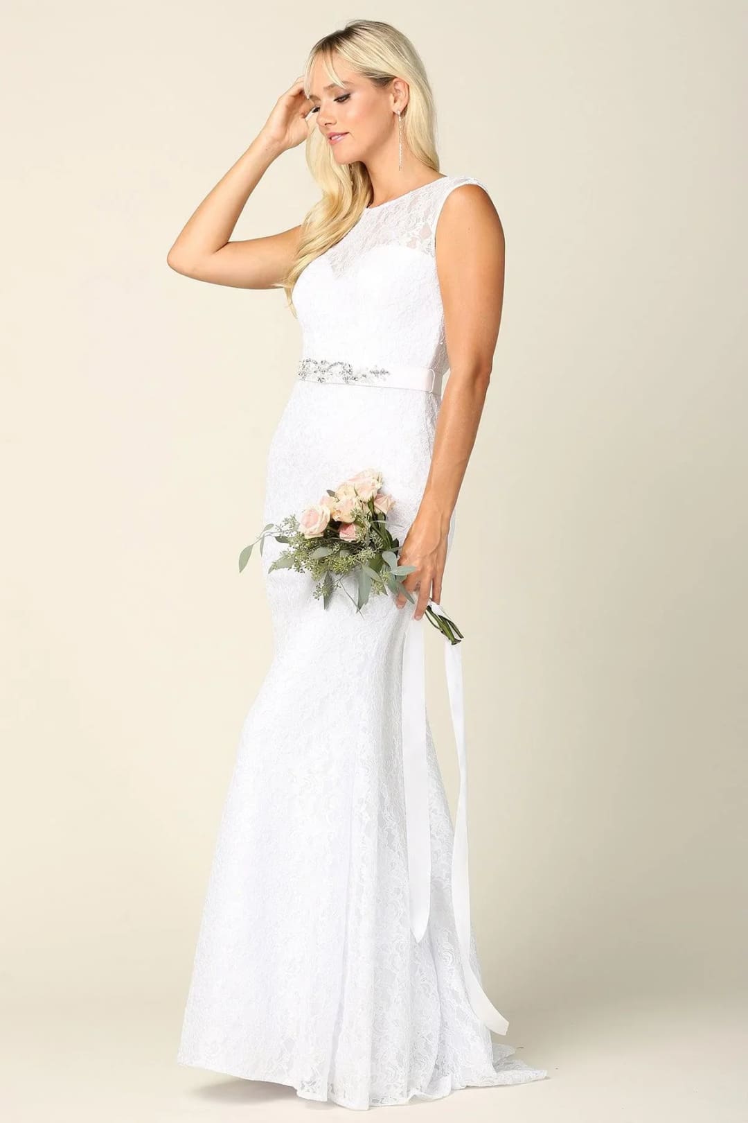 Eva USA 3417 Simple Long Cap Sleeve Belted Lace Wedding Dress - Wedding Dress