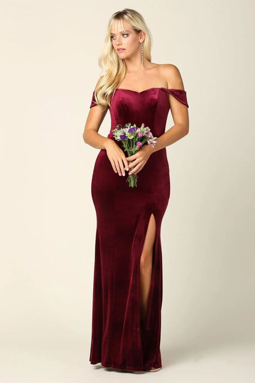 Eva USA 3430 Long Formal Off Shoulder Velvet Evening Dress - Burgundy / XS - Formal Dress