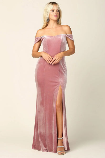 Eva USA 3430 Long Formal Off Shoulder Velvet Evening Dress - Mauve / XS - Formal Dress