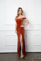 Eva USA 3430 Long Formal Off Shoulder Velvet Evening Dress - Rust / XS - Formal Dress