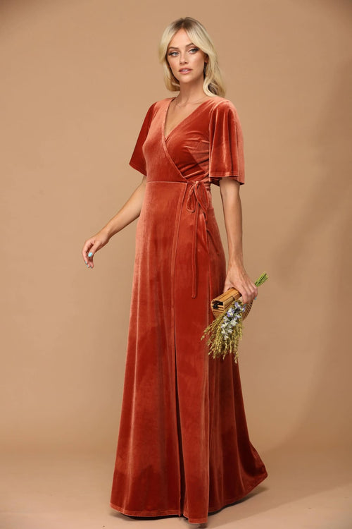 Eva USA 3432 Mother of the Bride Long Flutter Sleeve Velvet Gown - Mother of the Bride Dress