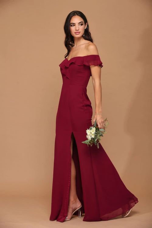 Eva USA 3438 Long Off Shoulder Formal Bridesmaids Chiffon Dress - Long Bridesmaids Dress