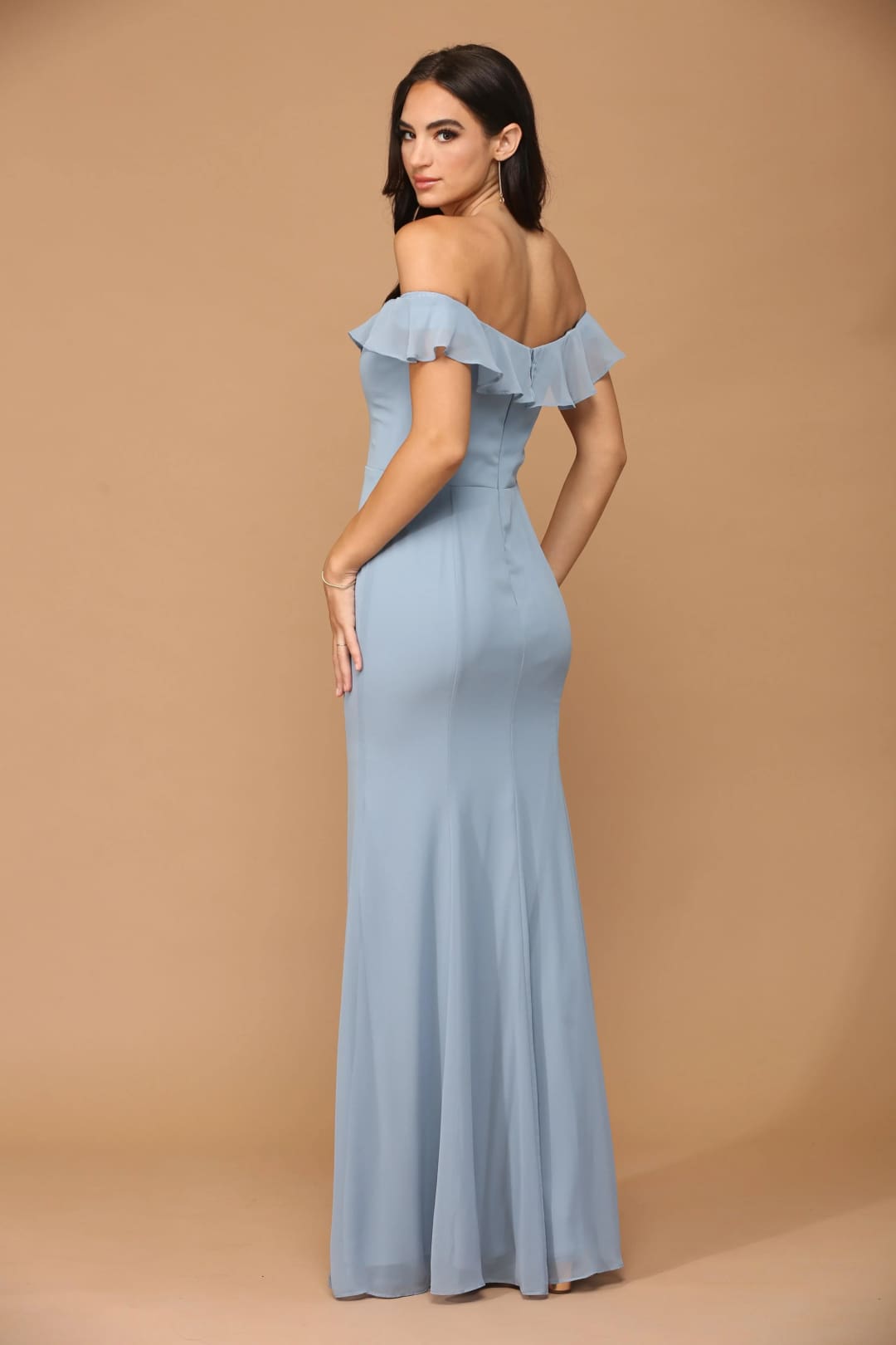 Eva USA 3438 Long Off Shoulder Formal Bridesmaids Chiffon Dress - Slate Blue / XS - Long Bridesmaids Dress
