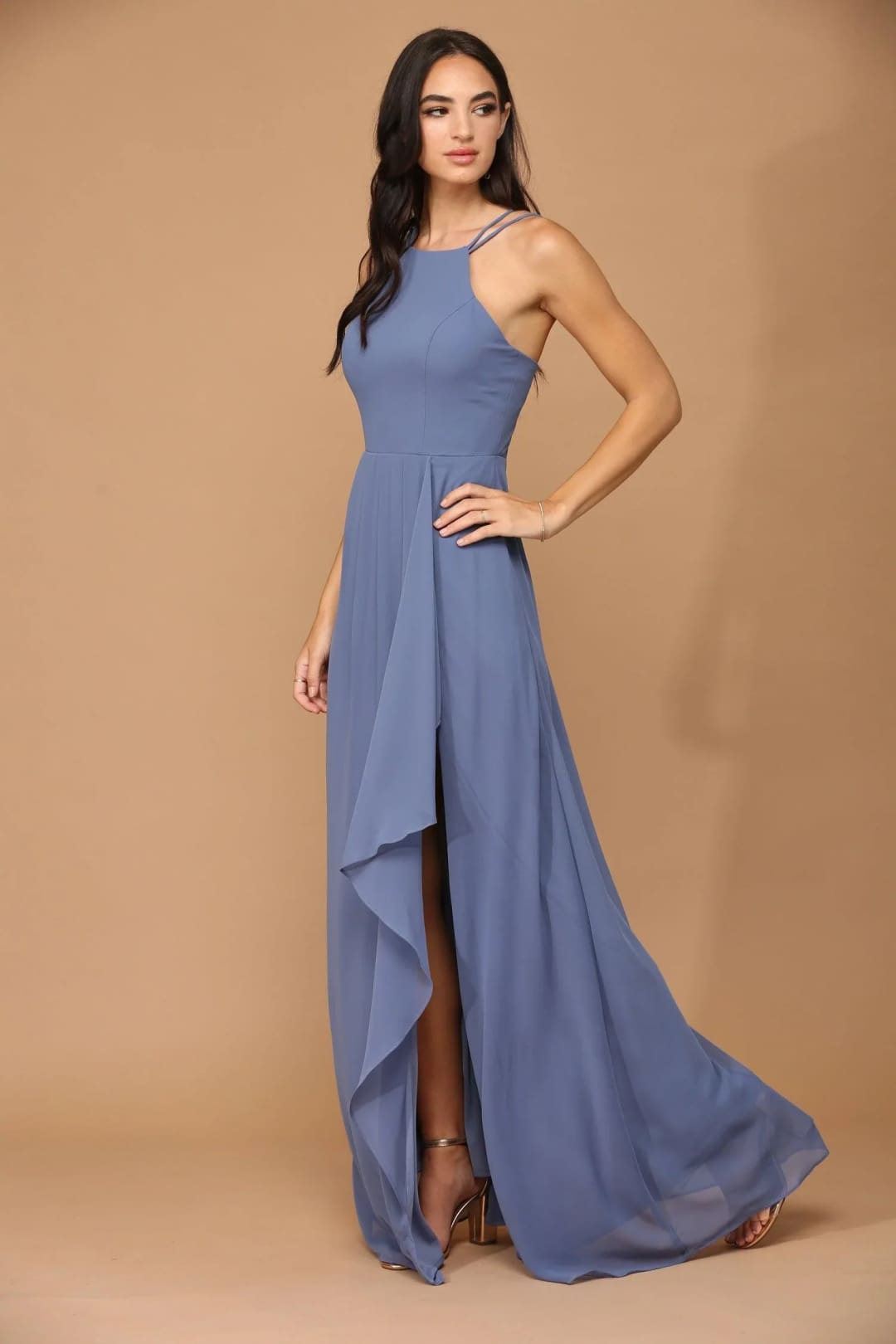 Eva USA 3440 Long Halter Formal Chiffon Bridesmaids Dress - Slate Blue / XS - Long Bridesmaids Dress