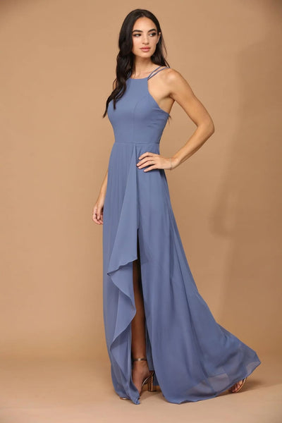 Eva USA 3440 Long Halter Formal Chiffon Bridesmaids Dress - Slate Blue / XS - Long Bridesmaids Dress