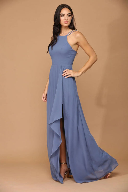 Eva USA 3440 Long Halter Formal Chiffon Bridesmaids Dress - Slate Blue / XS - Long Bridesmaids Dress