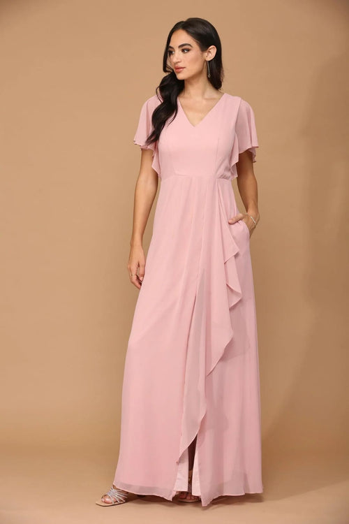 Eva USA 3442 Long Formal Ruffle Sleeve Chiffon Evening Dress - Dusty Rose / S - Formal Dress