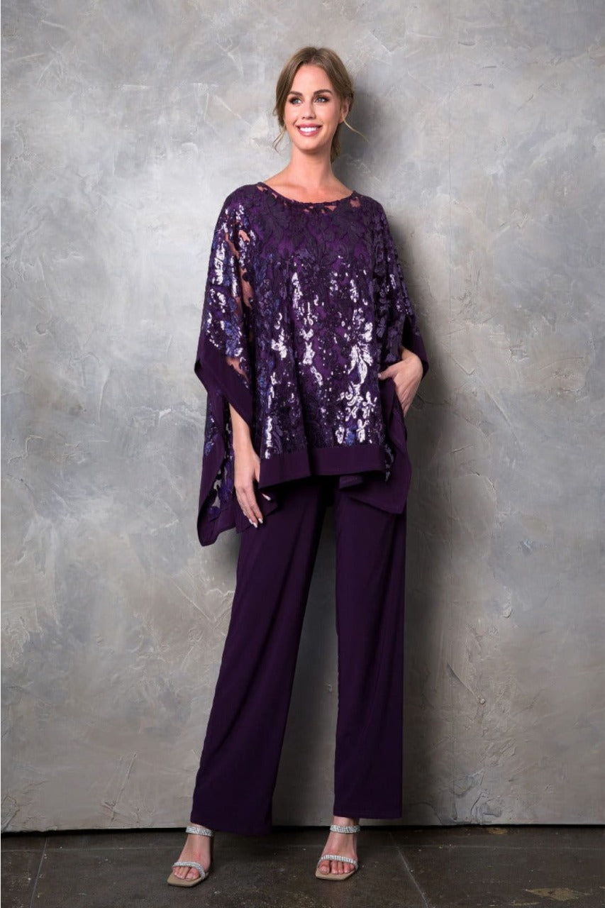 Eva USA 3443 Mother of the Bride 3-PC Pant Set W/ Tank Top & Cape - PLUM / S - Dress