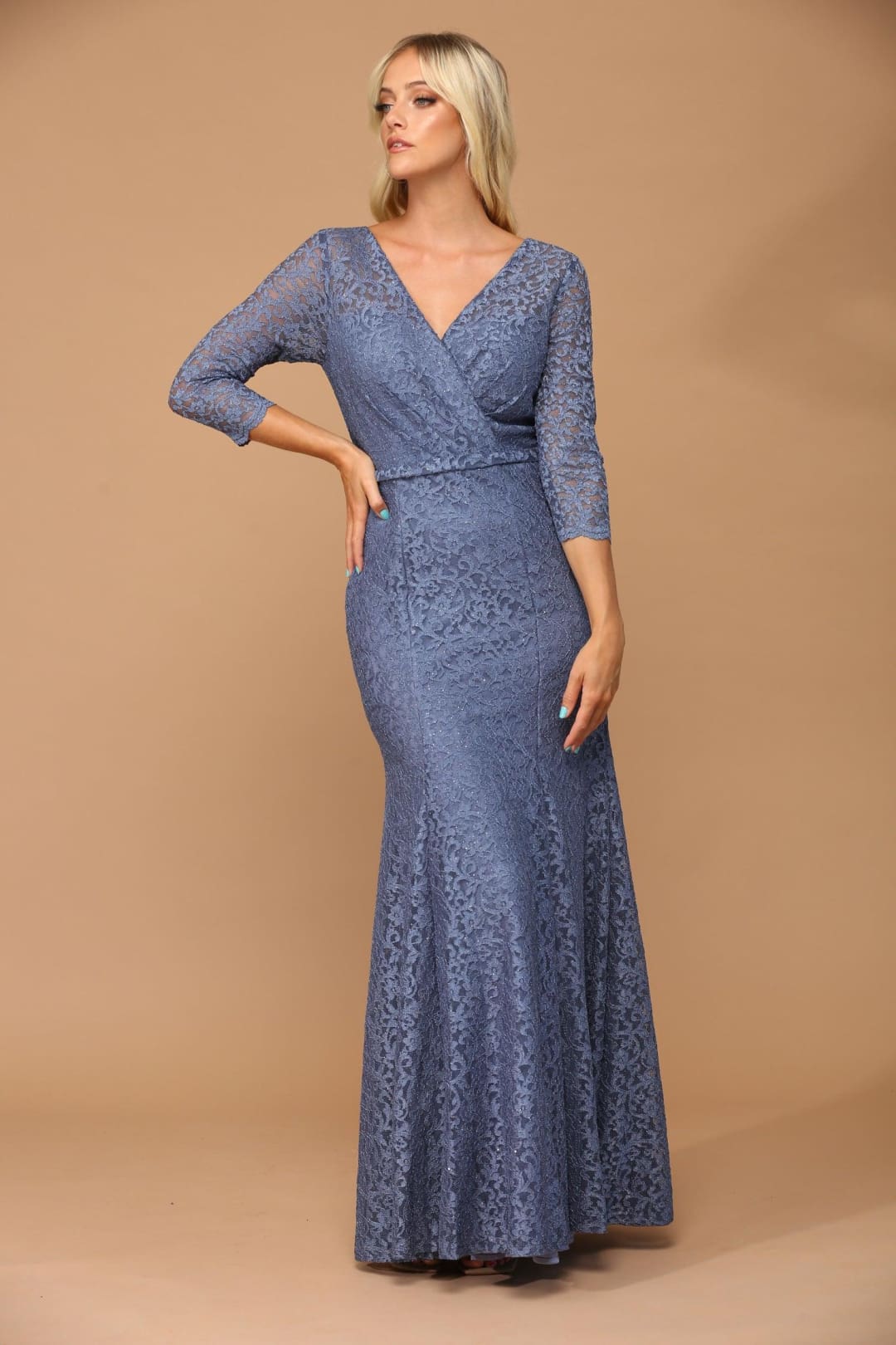 Eva USA 3450 Long 3/4 Sleeve Mother of the Bride Lace Dress - Mother of the Bride Dress