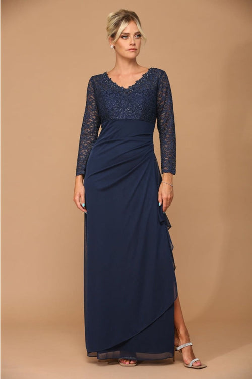 Eva USA 3451 Mother of the Bride V-Neck Long Lace Gown - Dress