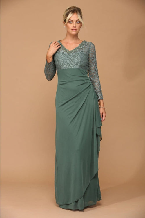 Eva USA 3451 Mother of the Bride V-Neck Long Lace Gown - EUCALYPTUS / S - Dress