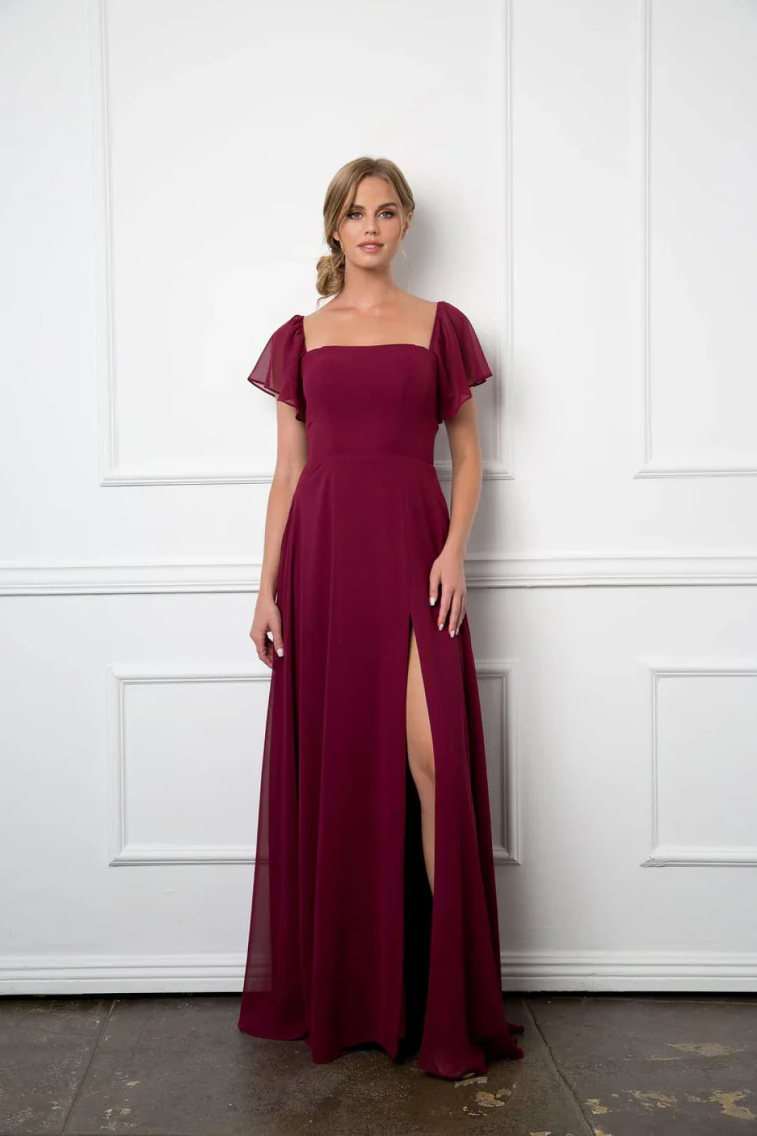 Eva USA 3454 Long Formal Bridesmaids Chiffon Evening Gown - Burgundy / S - Long Bridesmaids Dress