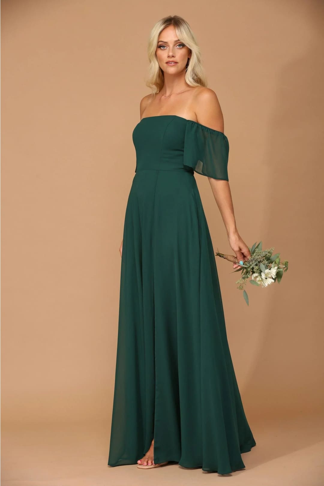 Eva USA 3454 Long Formal Bridesmaids Chiffon Evening Gown - Hunter Green / S - Long Bridesmaids Dress