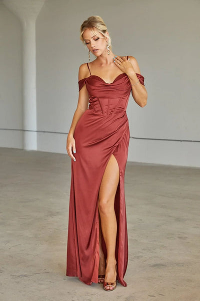 Eva USA 3461 Long Off Shoulder Formal Bridesmaids Prom Dress - Rust / XS - Long Bridesmaids Dress