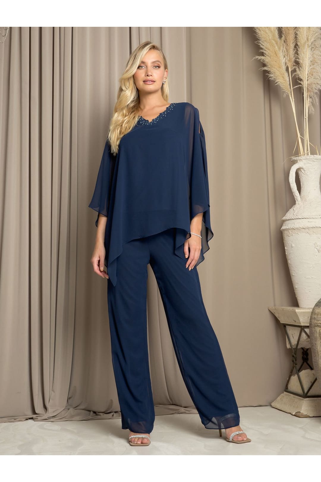 Pant Suit Long Formal Chiffon Pant Suit  Navy