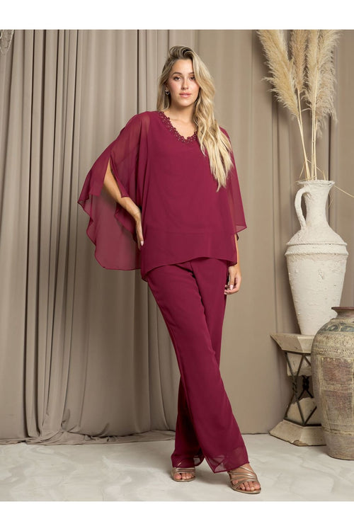 Pant Suit Long Formal Chiffon Pant Suit  Burgundy