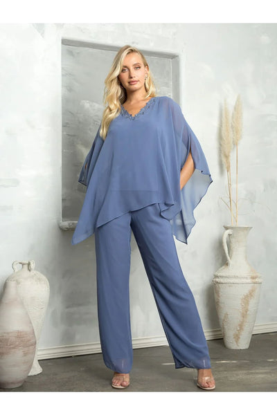 Eva USA 3463 Two Piece Long Formal Evening Pant Suit - Slate Blue / S - Pant Suit