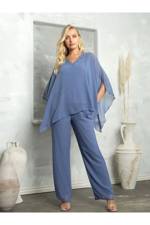 Eva USA 3463 Two Piece Long Formal Evening Pant Suit - Slate Blue / S - Pant Suit