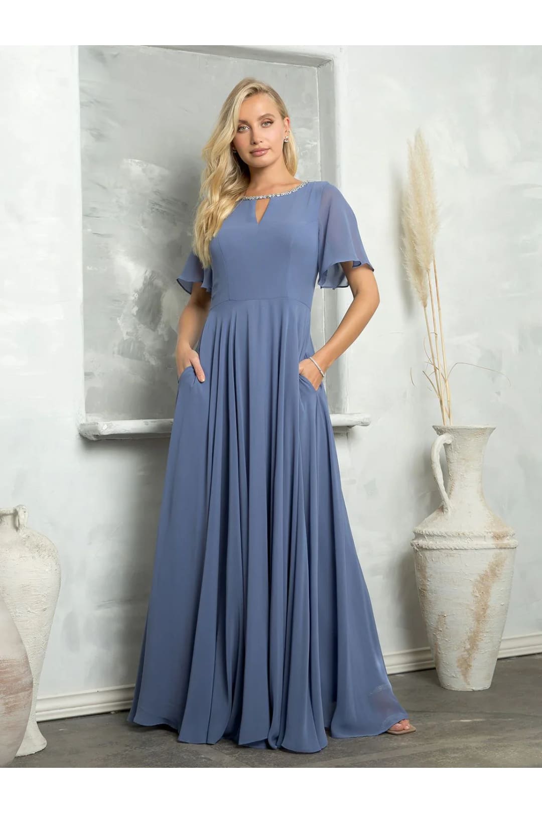 Eva USA 3468 Long Beaded Mother of the Bride Formal Dress - Slate Blue / S - Mother of the Bride Dresses