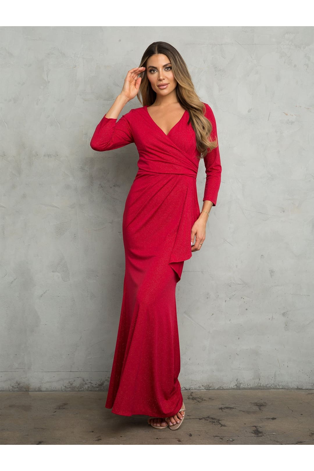 Eva USA 3472 Glitter Long Mother of the Bride Formal Dress - Red / S - Mother of the Bride Dresses