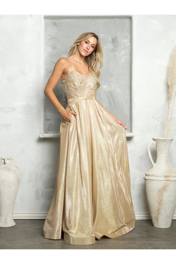 Eva USA 3478 Long Ball Gown Metallic Formal Prom Dress - Prom Dresses
