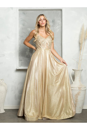 Eva USA 3478 Long Ball Gown Metallic Formal Prom Dress - Gold / XS - Prom Dresses