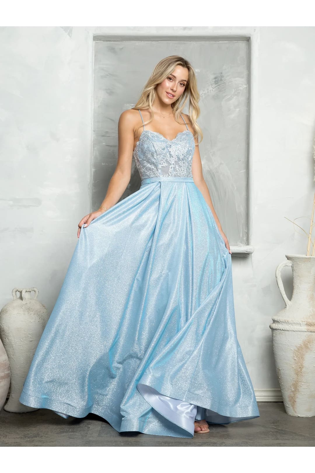 Eva USA 3478 Long Ball Gown Metallic Formal Prom Dress - Ice Blue / XS - Prom Dresses