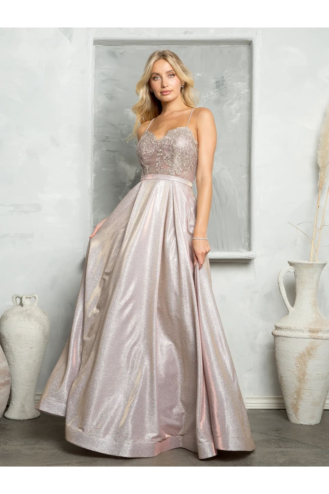 Eva USA 3478 Long Ball Gown Metallic Formal Prom Dress - Mocha / XS - Prom Dresses