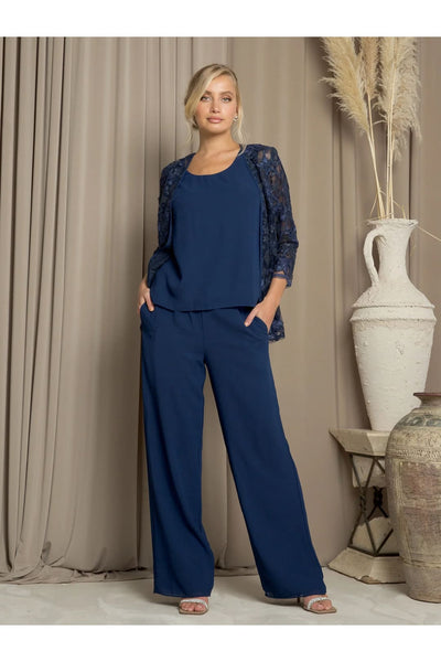 Eva USA 3483 Long Formal Floral Jacket Pant Suit - Navy / S - Pant Suit