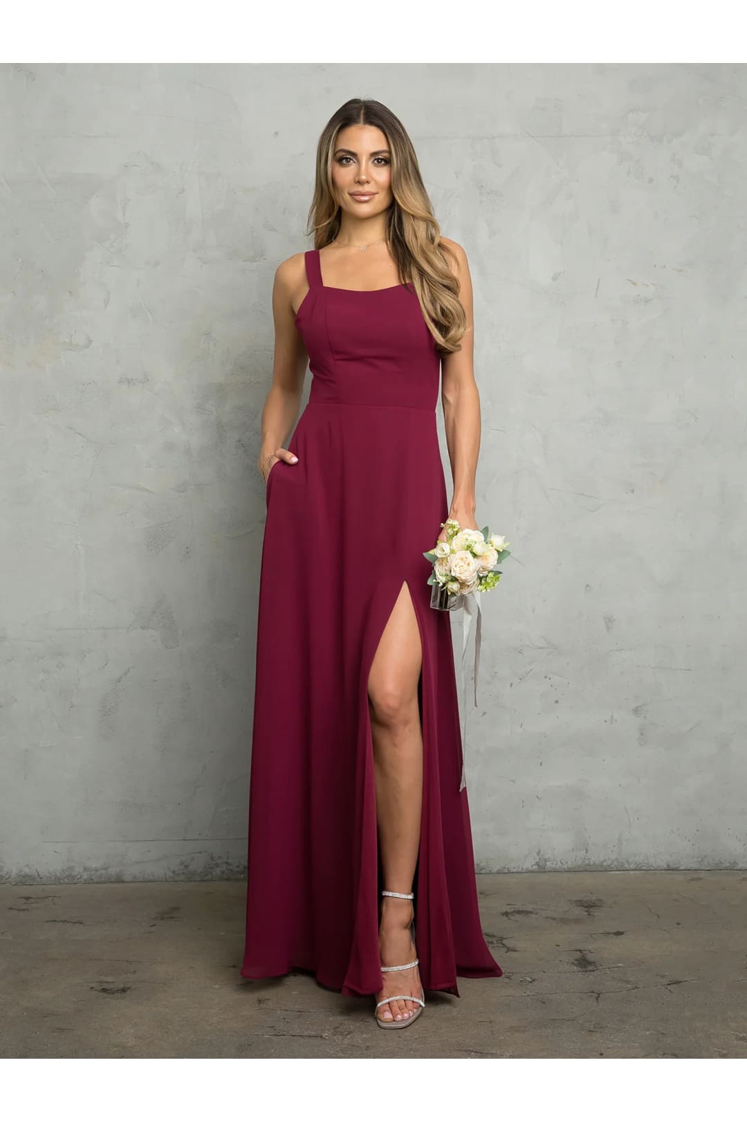 Eva USA 3485 Bridesmaids Long Slit Formal Dress - Burgundy / XS - Formal Dresses