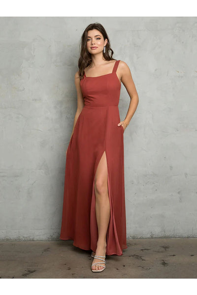 Eva USA 3485 Bridesmaids Long Slit Formal Dress - Rust / XS - Formal Dresses