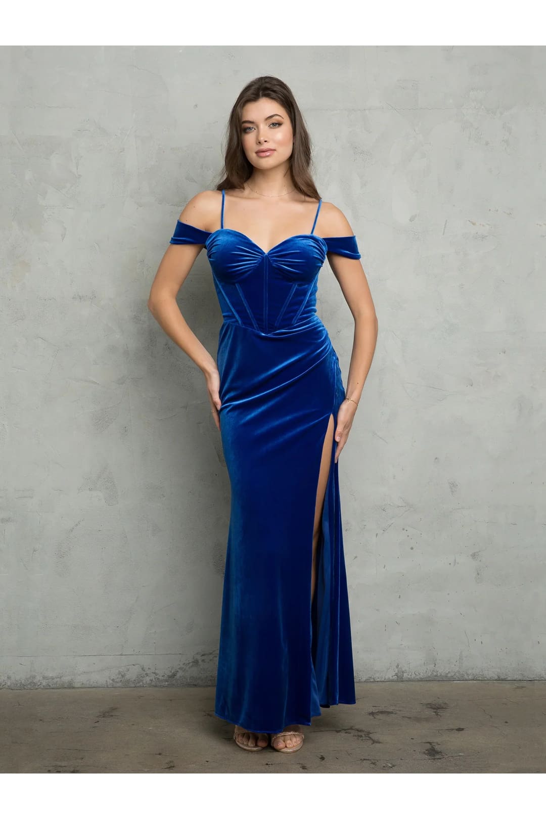 Eva USA 3488 Long Fitted Formal Velvet Prom Dress - Royal / XS - Prom Dresses