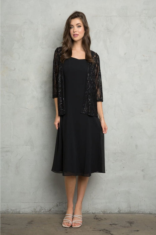 Eva USA 3489 MOB Lace Jacket Tea Length 2 Piece Dress - BLACK / M - Dress