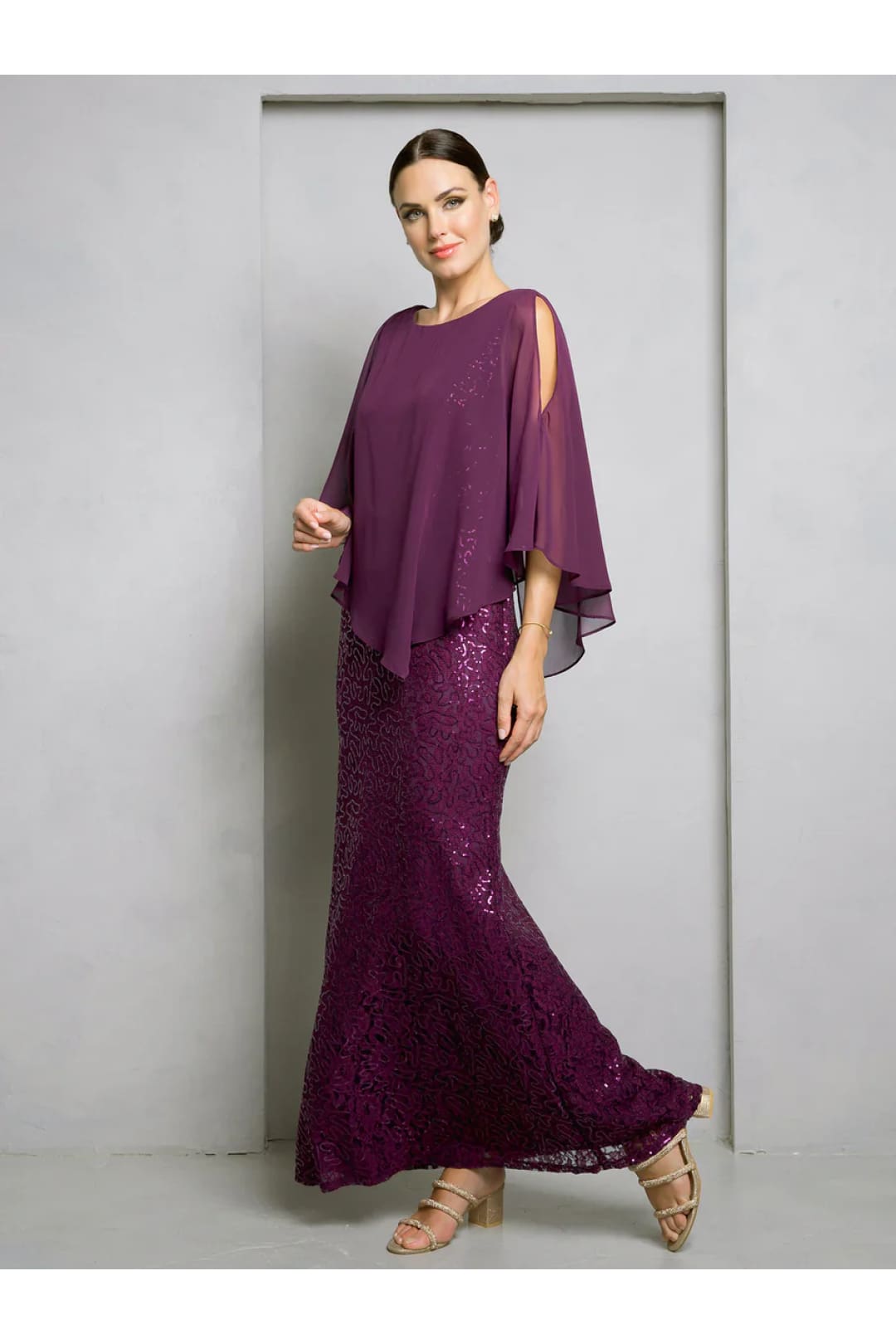 Eva USA 3496 Formal Long Mother of the Bride Cape Dress - Plum / M - Mother of the Bride Dresses