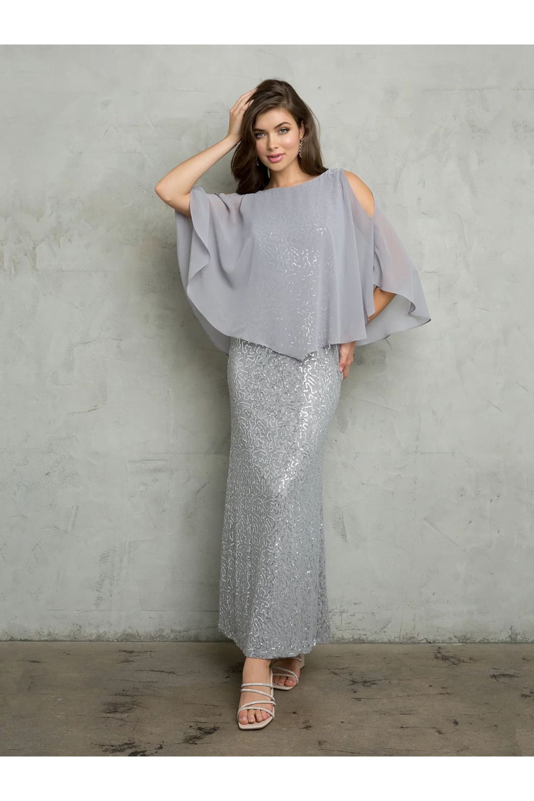 Eva USA 3496 Formal Long Mother of the Bride Cape Dress - Silver / M - Mother of the Bride Dresses