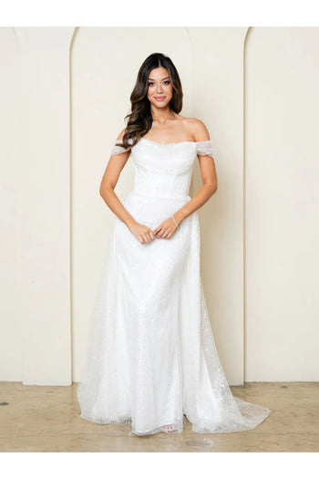 Eva USA 3502 Long Simple Beaded Lace Wedding Dress - Off White / XS - Wedding Dresses