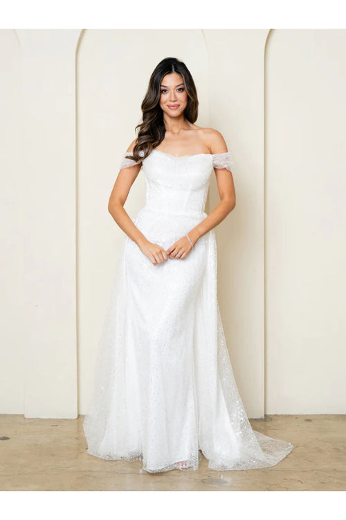Eva USA 3502 Long Simple Beaded Lace Wedding Dress - Off White / XS - Wedding Dresses
