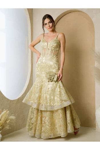 Eva USA 3507 Evening Long Formal Prom Dress - Champagne / XS - Prom Dresses
