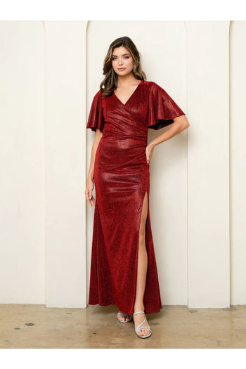 Eva USA 3521 Long Formal Metallic Evening Dress - Burgundy / S - Formal Dresses