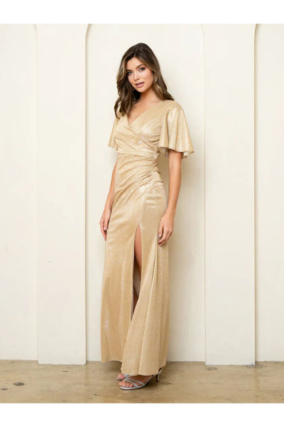 Eva USA 3521 Long Formal Metallic Evening Dress - Gold / S - Formal Dresses