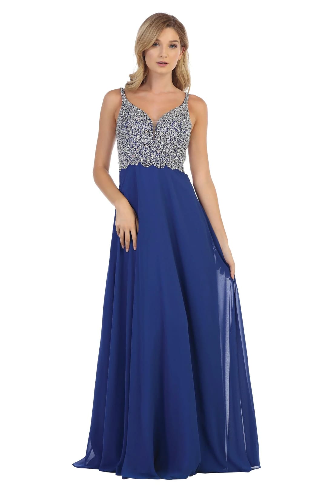 Eva USA 5165 Long Sleeveless Formal Chiffon Dress - Royal / XS - Prom Long Dress
