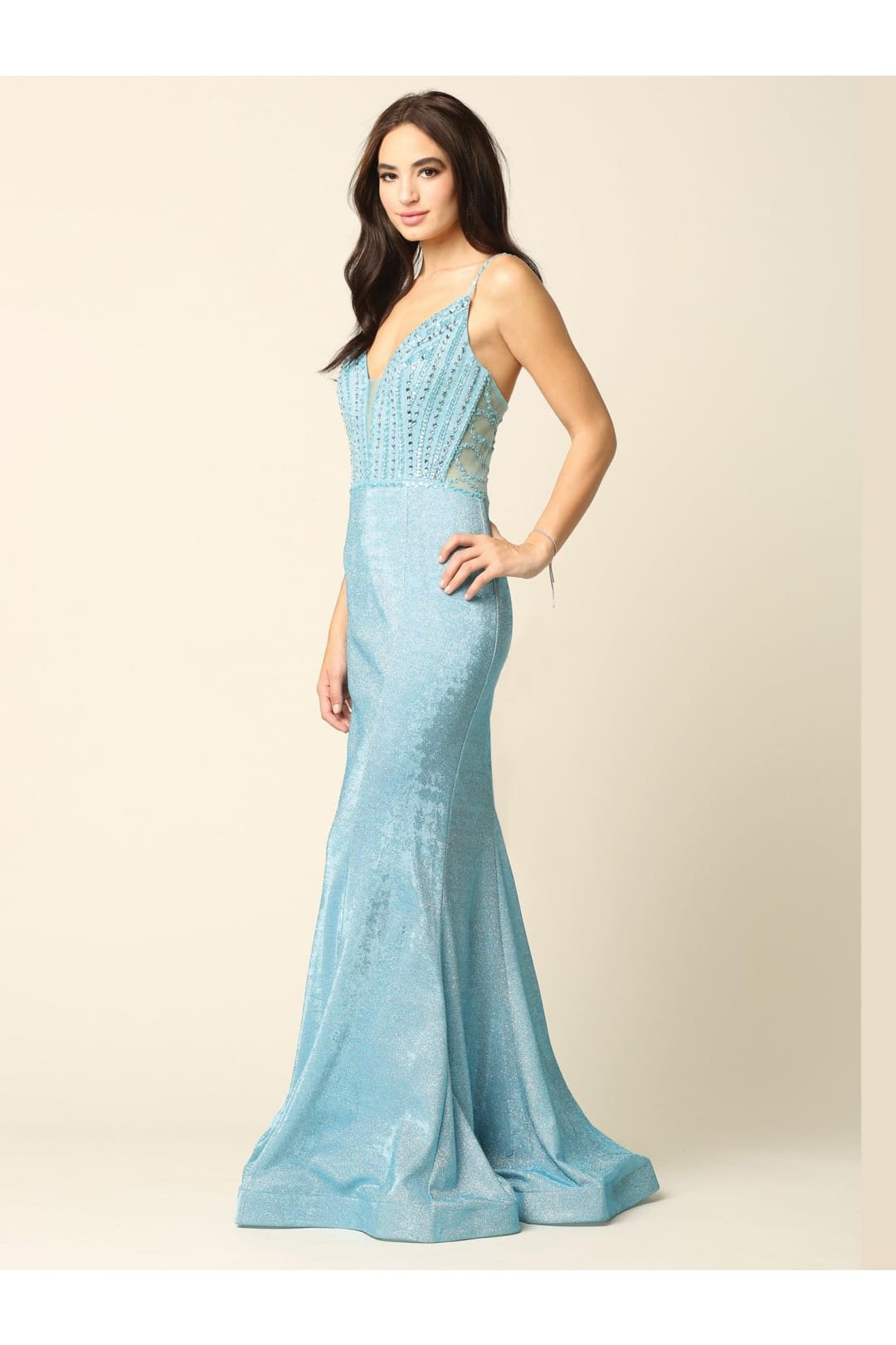 Eva USA 5223 Long Formal Spaghetti Strap Metallic Prom Dress - Prom Long Dress