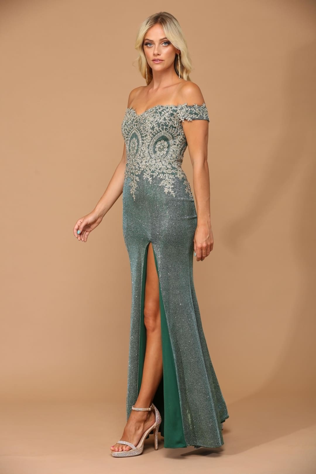 Eva USA 5242 Long Off Shoulder Formal Metallic Prom Dress - Prom Long Dress